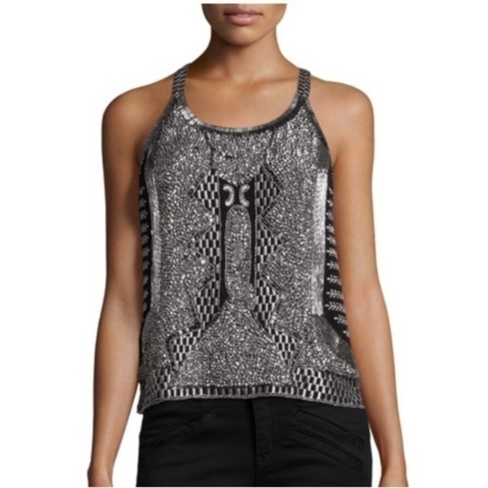 MLV "Chloe" all-around beaded top. Scoop neckline; racerback. Sleeveless medium